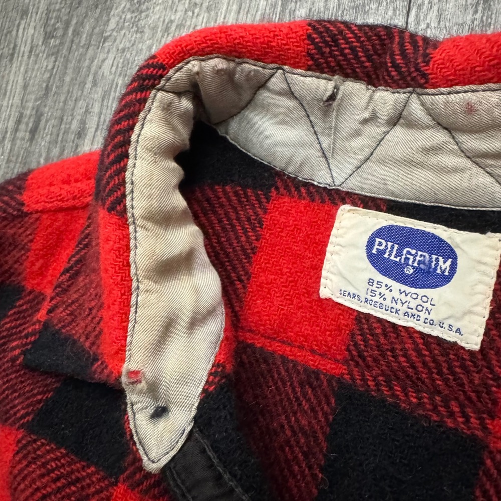Vintage 50s 60s Pilgrim Buffalo Plaid Wool Button Shirt L/XL - Picture 5 of 6